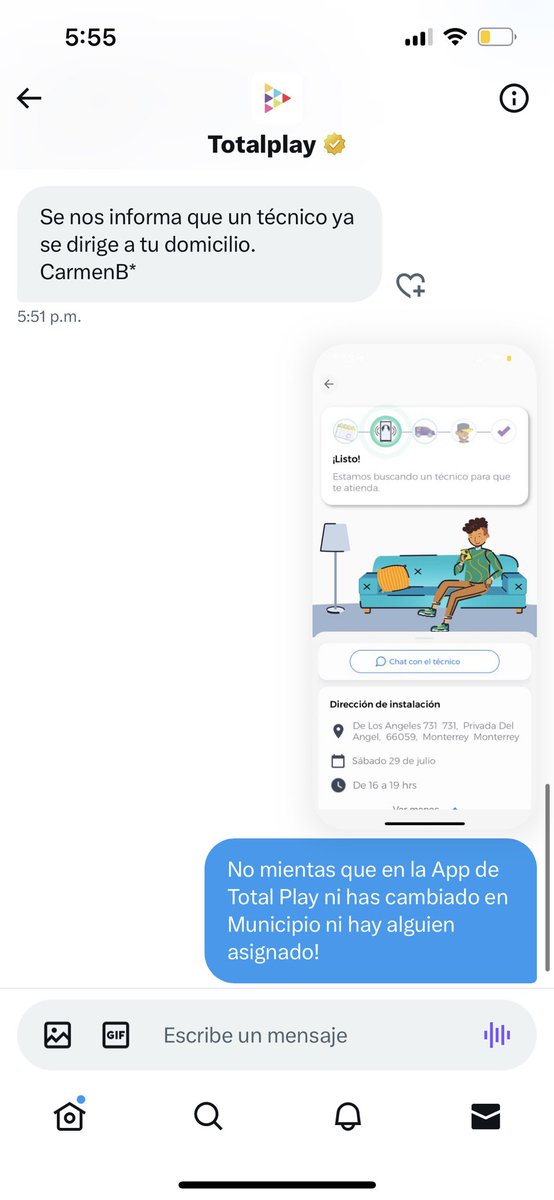 Pepe8606's tweet photo. @totalplaymx @Mixtli_Black @RicardoBSalinas No mientas @totalplaymx que en la Aplicación aún no asignan a un técnico y todavía no cambian el Municipio! Como es posible que mandes a tus técnicos a otro municipio teniendo tú en tu sistema mi domicilio correcto! @RicardoBSalinas NEFASTO SU SERVICIO DE ATENCIÓN AL CLIENTE https://t.co/CJ53kzGyKB