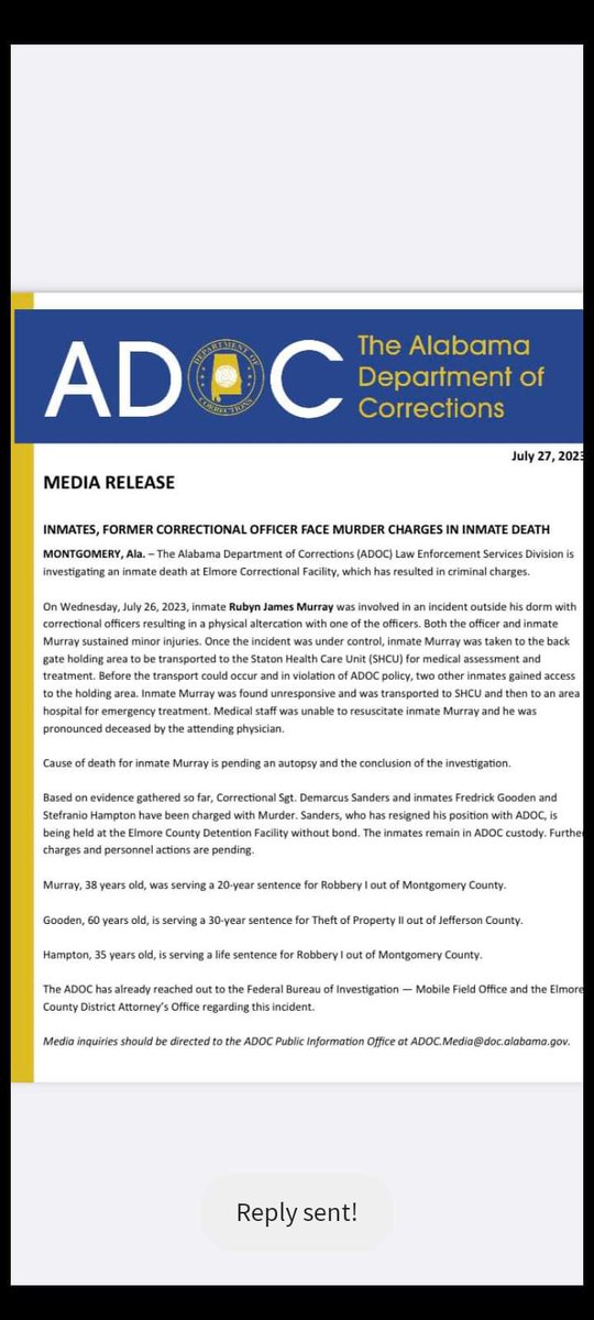FREEALAMOVEMENT's tweet photo. Update: 

1/ The Tweet about the officer involved beaten and death of Mr. Murray at Elmore was deleted in light of the fact that Mr. Murray was beaten by officers before he ever came into contact with the two incarcerated individuals that are also charged in the homicide. https://t.co/HNgP1u49ne