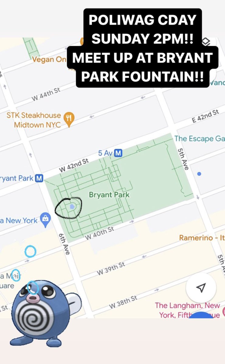 POLIWAG CDAY THIS SUNDAY IN NYC!! #pokemon #pokemongo #poliwag #poliwhirl #poliwrath #politoed #bryantpark #nyc #communityday