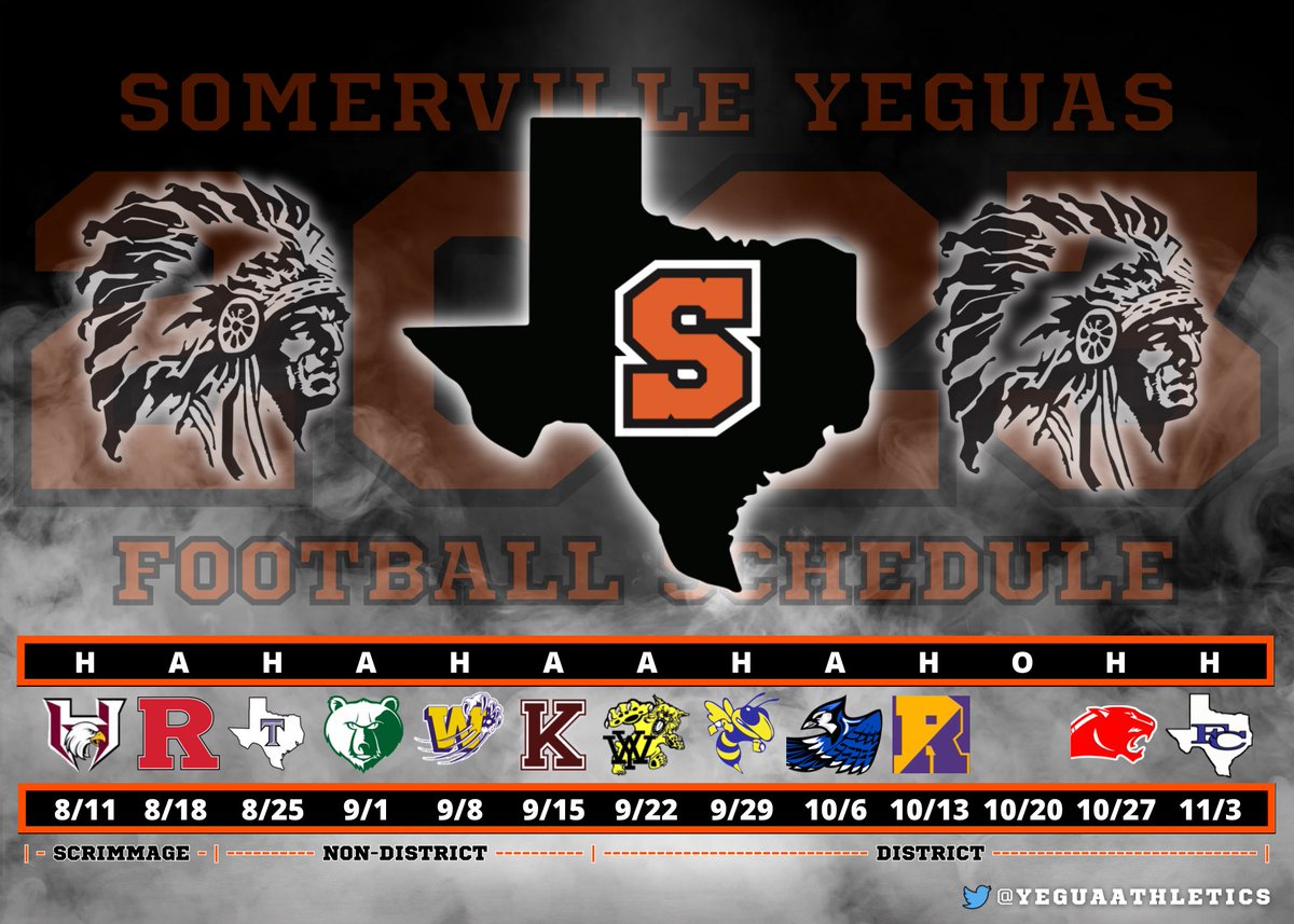 YeguaAthletics's tweet photo. 💣‼️🦾 SCHEDULE DROP 🦾‼️💣

2023 Somerville Yegua Varsity Football Schedule!!! 
#BeTheTribe

@NFHSNetwork @dctf @Matt_Stepp817 @THSCAcoaches @kbtxsports @Kwhi1280 https://t.co/YJjlumfAq9