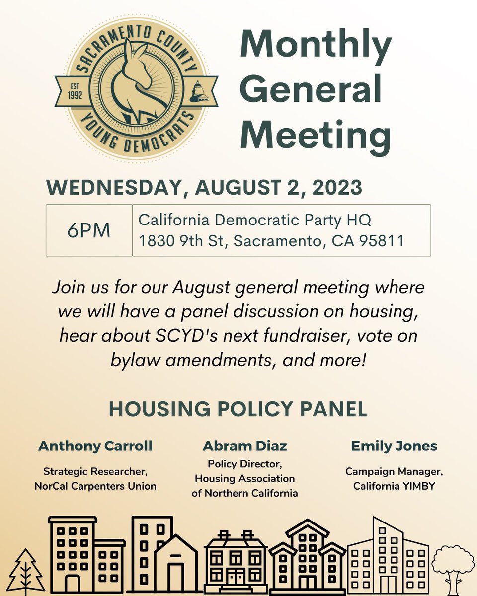 Join SCYD this Wednesday for our monthly meeting. This month's topic is going to be housing policy, with a panel discussion! 

Additionally we will talk about SCYD's next fundraiser, upcoming social events, and vote on bylaw amendments.

Newcomers welcome!