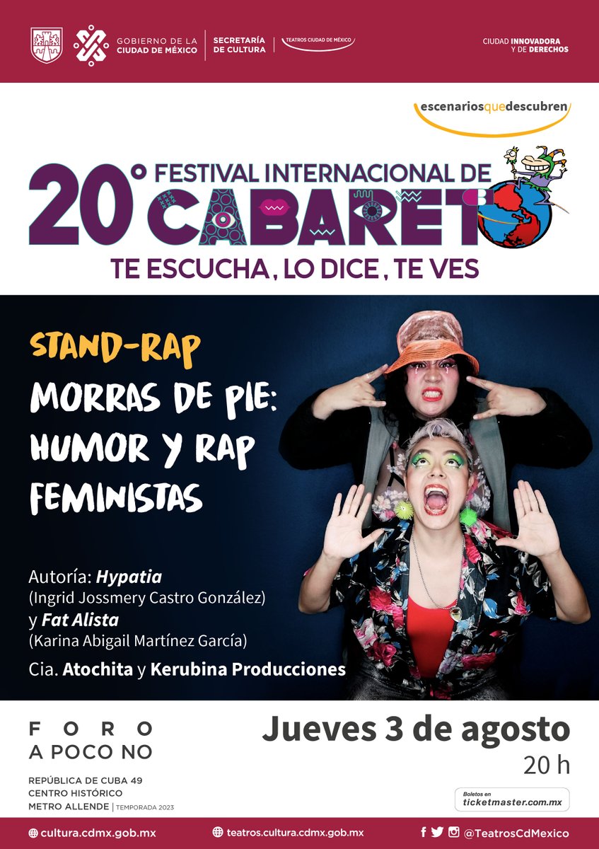 FestivalCabaret's tweet photo. El 20° Festival Internacional de Cabaret arranca en el #ForoAPocoNo con el imperdible show de Hypatia y Fat Alista: #StandRap Morras de Pie: Humor y rap feministas, este jueves 3 de agosto a las 20hrs.
Boletos aquí: https://t.co/5TwYTyvkDi
#TeEscucha #LoDice #TeVes
👂👄👁 https://t.co/KZzdQKAyh8