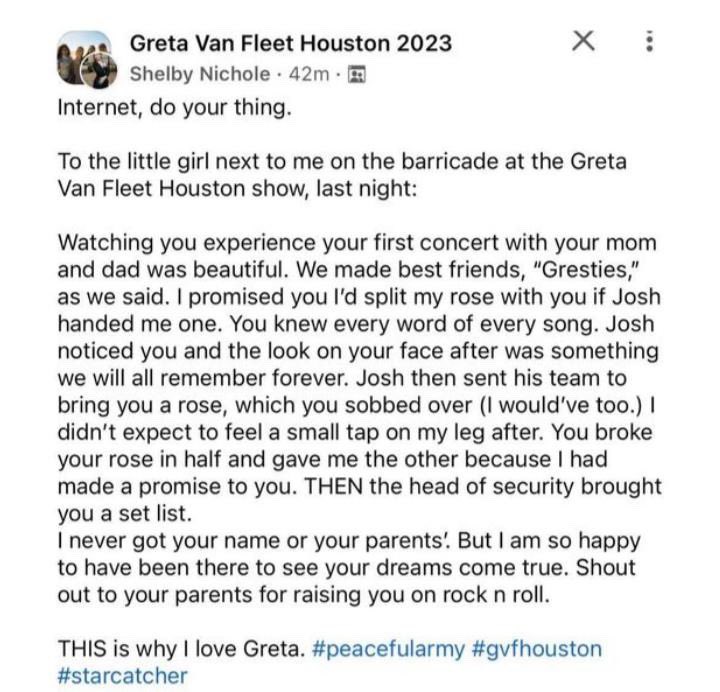allthingsgvf's tweet photo. Very sweet moment in Houston show 🥹 @GretaVanFleet https://t.co/PpWLtbLWQr