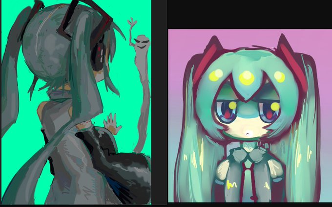 I've been going through some of my old art.. I drew a lot of Hatsune Miku back in the day lol2011 Miku vs 2023 Miku..... I was listening to FuzzP then and I am listening to FuzzP now! 