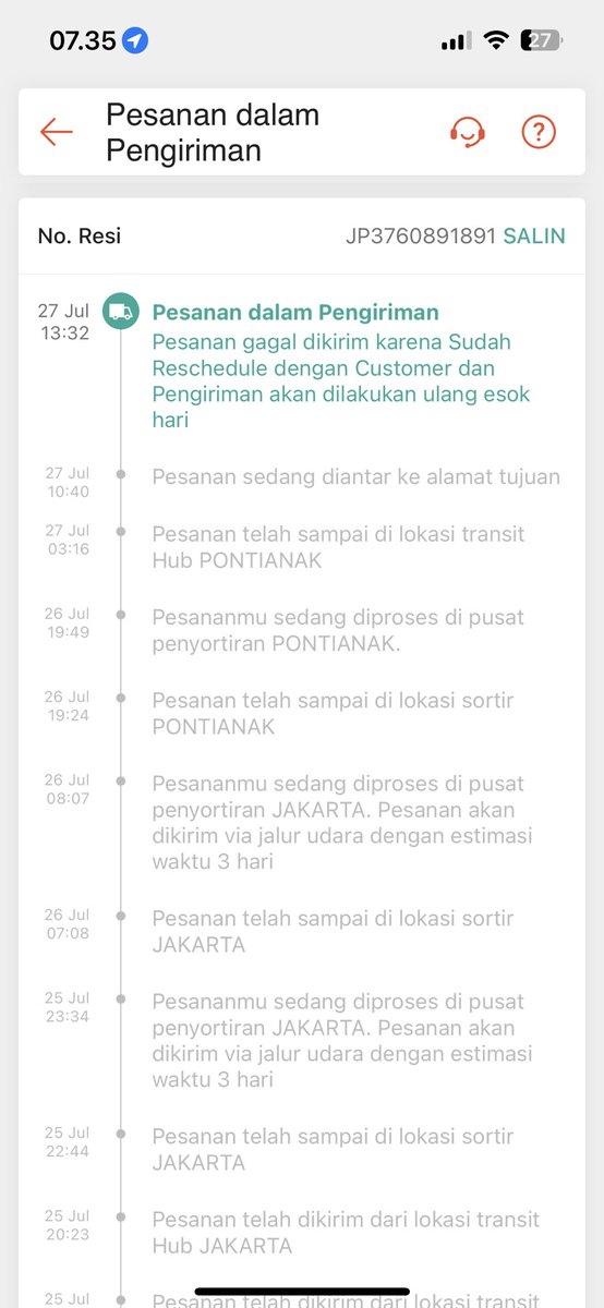 syfresha's tweet photo. Ini kenapa ya min ? JP3760891891  Padahal gak ada mnta resechedule sm kurir dikirim ulang esok katanya dr tgl 27, klo besok nya harus nya 28 diantar. Ini tgl 30blm sampe2 tlong di follow up ya thanks @jntexpressid https://t.co/Kw8Hfx5EHh