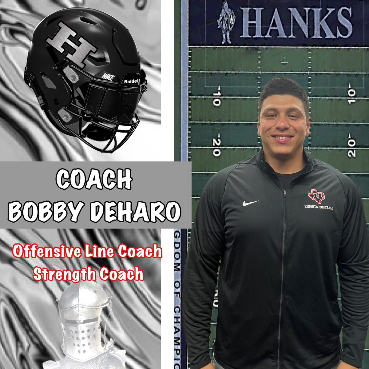 Coach_Veliz's tweet photo. 🏰THE @Hanks_Football STAFF🏈

@Coach_Deharo is in his first year as a Varsity OL &amp; Strength coach. 
As a player, he was an All City standout at Montwood, All Conference at UTEP, and participated in @Colts rookie camp. #RiseAndConquer https://t.co/8fL2QtOitf