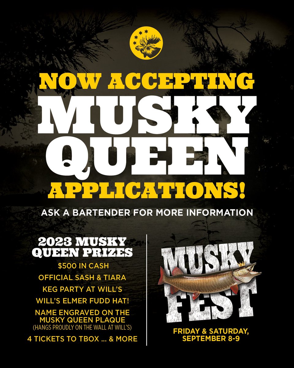 It’s that time! Musky Queen applications are now available. #Savethedate for Sat 9/9 and join us for food, beer, and live music. We will also be hosting live music on Fri 9/8 just on the side street. #muskyfest2023