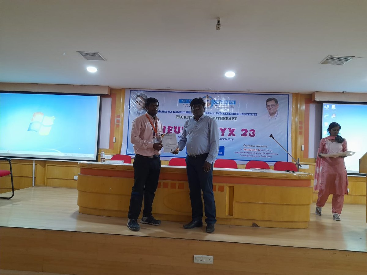 Prof. Dr. Kumaresan A, SCPT delivered a guest lecture at Neuro-Phyx'23 organized by Faculty of physiotherapy, Sri Balaji Vidyapeeth, Pondicherry on 29/07/2023. 
Also Our postgraduate Sathiyaseelan  won second prize Paper presentation
#simats #scpt #IQAC #SDGs #neurophysiotherapy