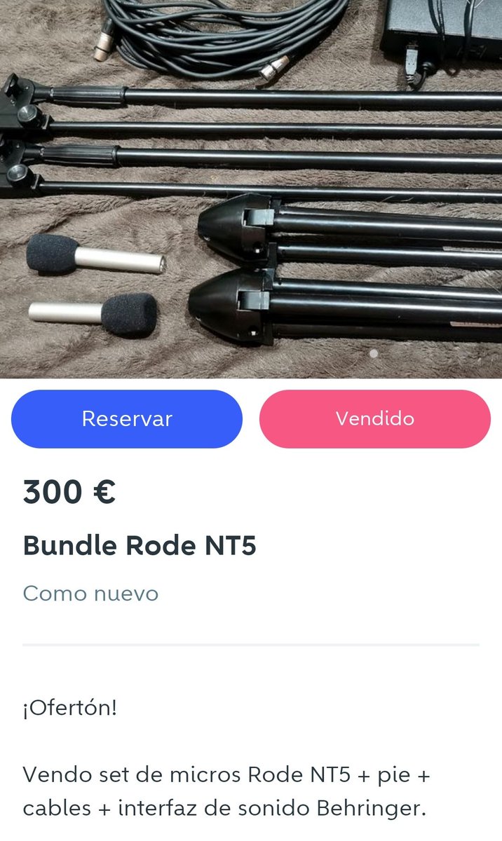 Esto sigue sin vendeeeerrrseeee 👁️👄👁️

- Micros emparejados Rode NT5
- Pies de micro
- Cables larguitos larguitos
- Interfaz de sonido Behringer Uphoria

Está todo por 300, pero ya que veo que no se vende todo junto, si os interesa algo por separado, ¡Habladme!