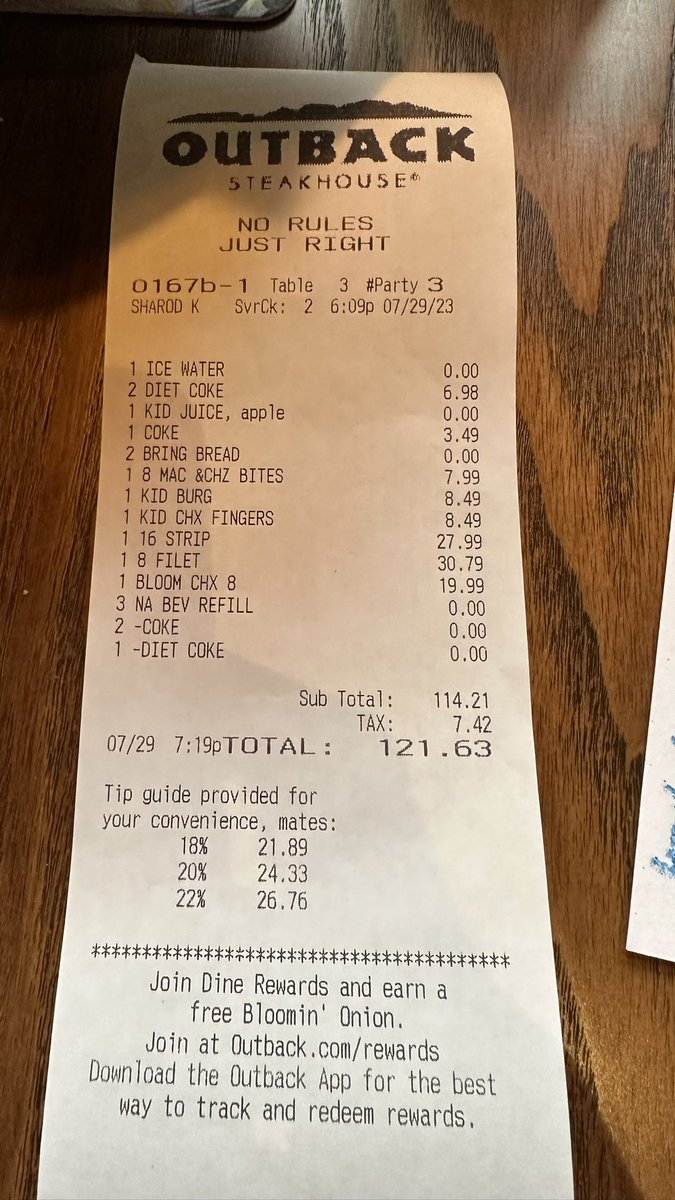 adamda30's tweet photo. @Outback  sorry guys but what a disappointment tonight. Used to love outback but won’t come again. Twice was told bread was on its way. Never turned up. Steak over cooked was tasteless. Drinks were wrong. What a shame. https://t.co/5daXjriCeW