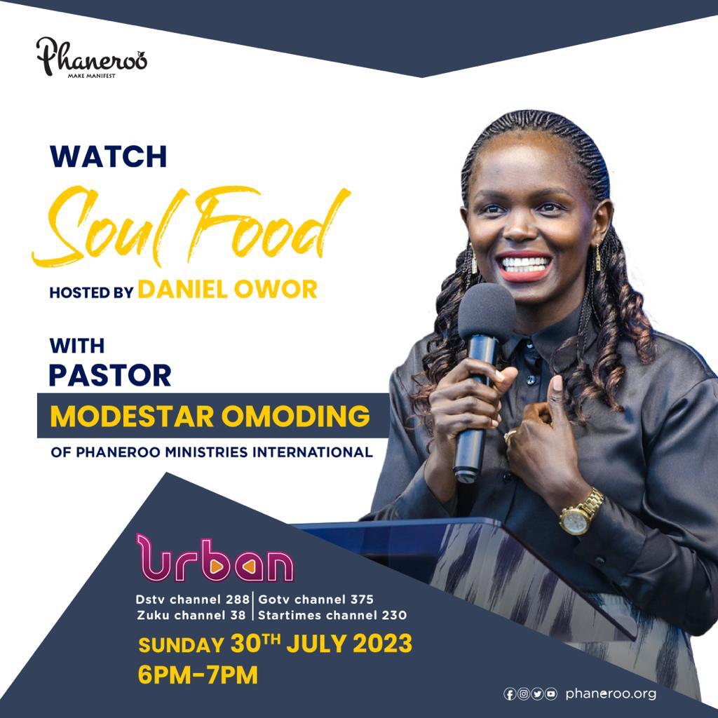 Watch Modestar Omoding of Phaneroo Ministries International on Soul Food, Urban TV, this Sunday from 6pm-7pm EAT.

#ClapForJesus
#PhanerooSundayService