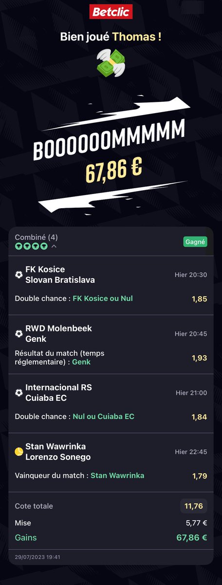 Bidouf2703's tweet photo. Hier @Betclic  lance le défi Joga Bonito (cote 10 mise 5€ pour 50€ FB). Je me lance dans l’affaire en prenant un combi. Tout est ok : cote supérieure à 10 et mise supérieure à 5€. Les matchs doivent se terminer avant minuit. Sauf que, le match Wawrinka - Sonego initialement https://t.co/QdyHLzFZbz