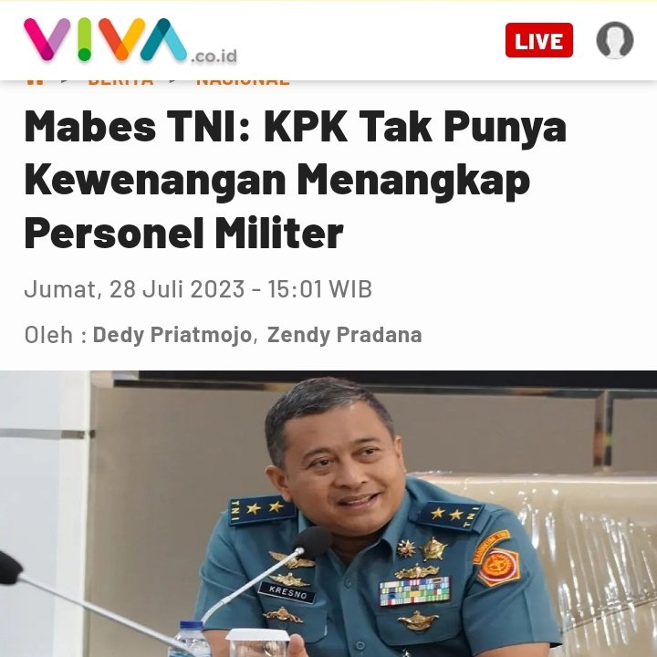 Dagelan Bapak TNI
.
.
Jabatan sipilnya mau, korupsinya mau! Tapi diadili di ranah sipil ga mau!
 TNI  mending balik lagi ke Barak jangan  menduduki jabatan Sipil

— UU No. 30  2002 :  KPK:lembaga independen &amp; bebas dari pengaruh kekuasaan manapun

Ketua KPK nya lembek , TNI over