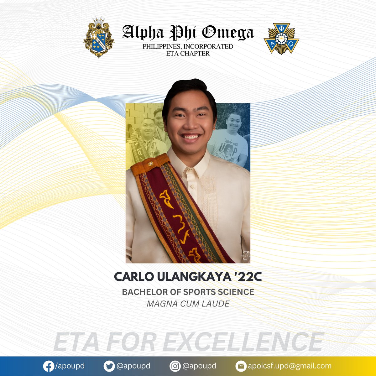 The Alpha Phi Omega Fraternity - Eta Chapter congratulates its Brothers who graduated from the University.
May you continue to strive and excel in your chosen endeavor for yourself, the Fraternity, and the country. Padayon!
May we always be!
#Sablay2023
#EtaforExcellence