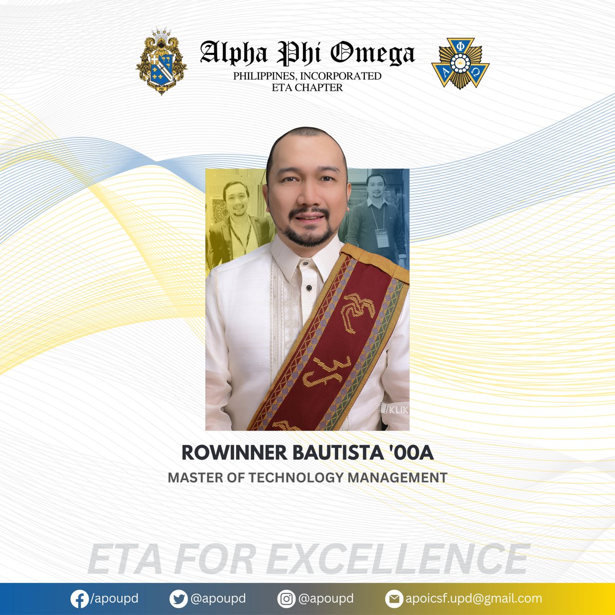apoupd's tweet photo. The Alpha Phi Omega Fraternity - Eta Chapter congratulates its Brothers who graduated from the University.
May you continue to strive and excel in your chosen endeavor for yourself, the Fraternity, and the country. Padayon!
May we always be!
#Sablay2023
#EtaforExcellence https://t.co/EalFceI6FV