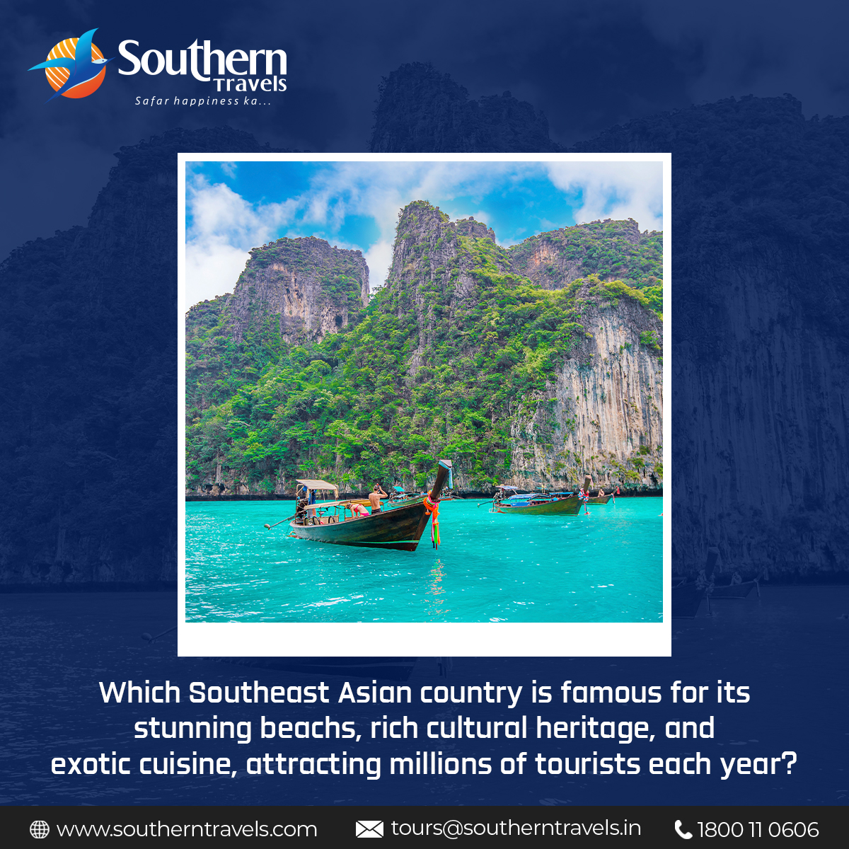 TravelsSouthern's tweet image. 🌴 Hint: This enchanting destination is renowned for its breathtaking sunsets and the warmth of its people, earning it the nickname &quot;Land of Smiles.&quot;

Can you guess where this dreamy travel spot is

#SouthernTravels #QuizTime #SolveTheQuiz #TravelTrivia #GuessTheDestination