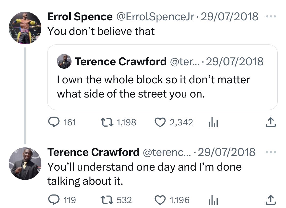ringmagazine's tweet image. July 29th, 2018: Terence Crawford sends this reply to Errol Spence.

July 29th, 2023: Terence Crawford TKO9 Errol Spence.