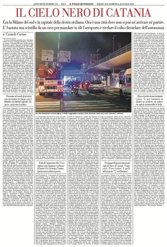 ilfoglio_it's tweet photo. Catania ora è una città dove non si può né arrivare né partire. È bastata una scintilla da un cavo per mandare in tilt l’aeroporto e rivelare il volto clientelare dell’autonomia. Il reportage di Carmelo Caruso nel Foglio del weekend
https://t.co/y5lRCLGCSa https://t.co/Q2pFEpQ4ll