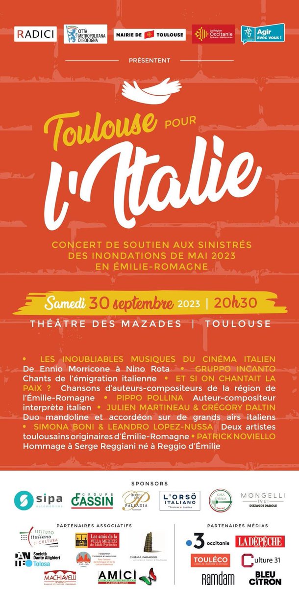 RADICIFEMIA's tweet photo. CONCERT en soutien des sinistrés des inondations de mai 2023 en Italie. 
RÉSERVATIONS :    
RADICI au 10, 
rue Espinasse 31 - Toulouse - 
Tél. 05 62 17 50 37
ou 
https://t.co/yEc3E4s0Iz 
https://t.co/91CjzUGgVM 
https://t.co/mNDv6rNlkP 
https://t.co/GUvCc4xftn 
+  sites habituels https://t.co/w7FE1dBNVK