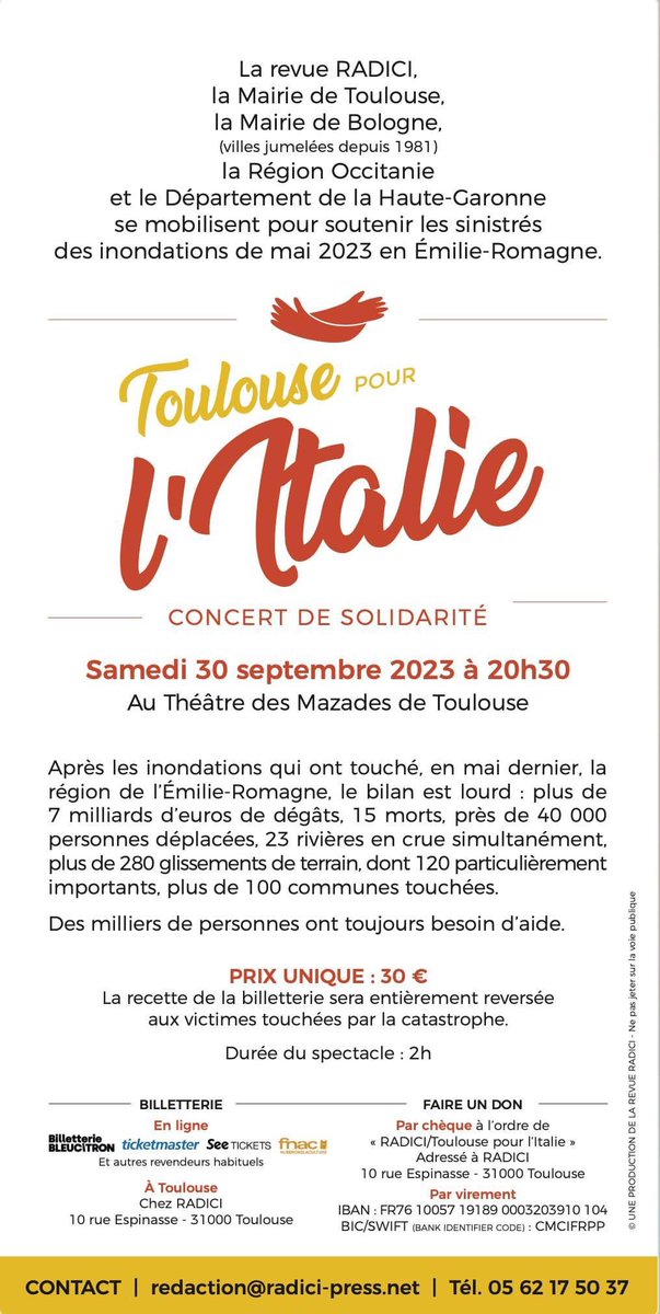 RADICIFEMIA's tweet photo. CONCERT en soutien des sinistrés des inondations de mai 2023 en Italie. 
RÉSERVATIONS :    
RADICI au 10, 
rue Espinasse 31 - Toulouse - 
Tél. 05 62 17 50 37
ou 
https://t.co/yEc3E4s0Iz 
https://t.co/91CjzUGgVM 
https://t.co/mNDv6rNlkP 
https://t.co/GUvCc4xftn 
+  sites habituels https://t.co/w7FE1dBNVK