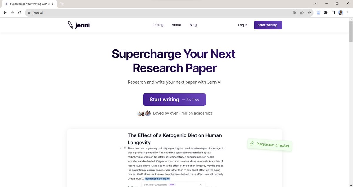 Jenni(dot)ai is a super app designed specifically for academic writing.

1.5 million academics and students are using it all over the world.

Here are Jenni's five amazing features that will make academic writing faster and easier for you:

1. Beat the Writer's Block:
Write the