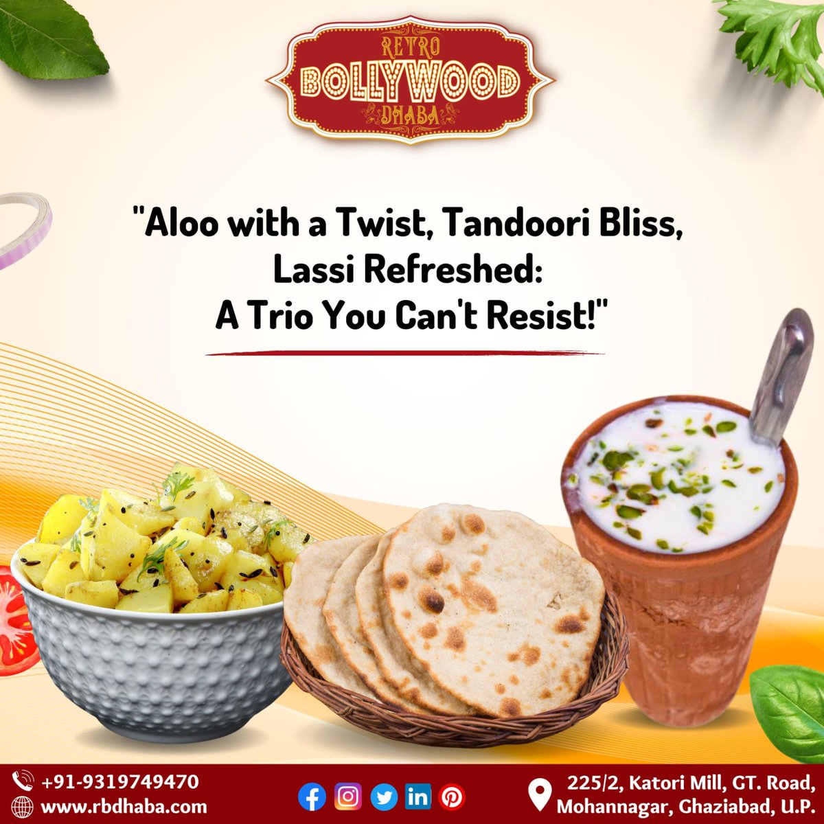 RetroBdhaba's tweet photo. "Experience Aloo with a twist, Tandoori Bliss, and Lassi refreshed at Retro Bollywood Dhaba! 🥔🔥🥤"

Indulge in our innovative take on Aloo, with a delightful twist of flavors that will surprise your taste buds. 

#RBD #AlooWithTandooriRoti #Lassi  #BollywoodNostalgia https://t.co/nNc7kkdLWY