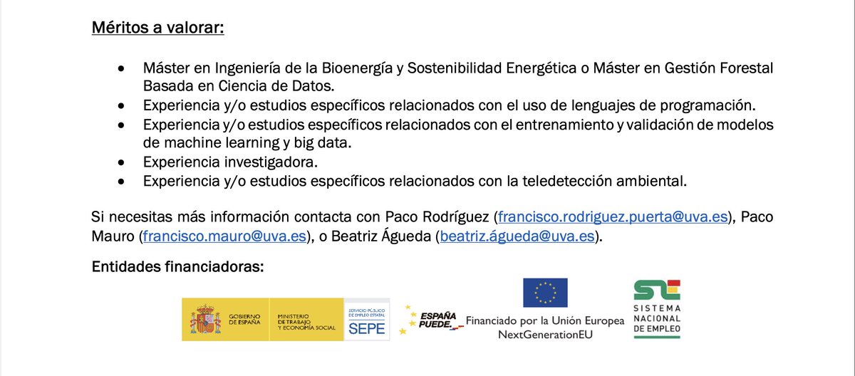pacu_rodriguez's tweet photo. Buscamos investigador/a en formación a través del PLAN INVESTIGO.
-2 años de contrato
-Teledetección ambiental
-Ciencia de datos y
-Programación aplicada al ámbito ambiental (especial interés en lo forestal) 
¡esto puede ser un buen lugar para tí!
@Ingenierias_SO @YoungForesters https://t.co/9j0dmqthAk