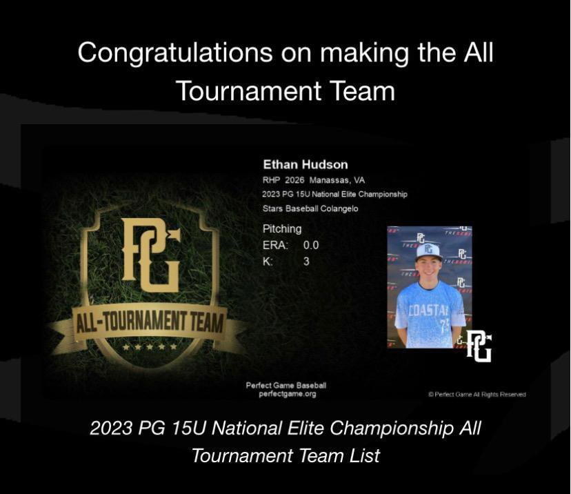 It's been a great summer so far! I am honored to be named to the All Tournament Team for pitching from the 15u National Elite Championship in Hoover, Alabama. <a href="/PG_Tourney/">Perfect Game Tournaments</a> @osbourn_eagles @Colangelobasbll <a href="/StarsBaseball26/">StarsBaseballVA2026</a> <a href="/PerfectGameUSA/">Perfect Game USA</a>
<a href="/kwhitts26/">Kyle Whitten</a> <a href="/STARSBASEBALLVA/">STARS Baseball</a>