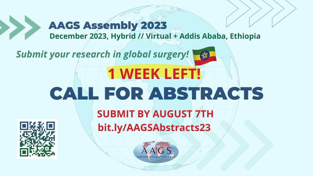 aaglobalsurgery's tweet photo. 📢Call for abstracts: Deadline approaching for the AAGS Assembly Abstracts Submissions - virtual presentations are available! ⏰Submit by August 7th 11:59 pm GMT!
➡️Info here: https://t.co/AOP8gmvg2v
#AAGS23 #AAGSAssembly23 #globalsurgery #SoMe4surgery #academicglobalsurgery https://t.co/kSorub9A3a