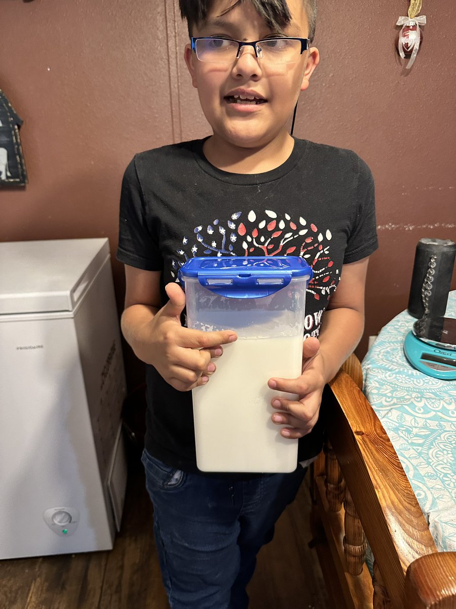 AutismNotEvery1's tweet photo. He finally got a bit more! Almost 2 quarts all together! He is so intense watching that the milk keeps flowing and we keep trying to ask him questions lol #SmileWithLittleD #FarmLife #autistic #cowmilking https://t.co/wwhmuIOKAH