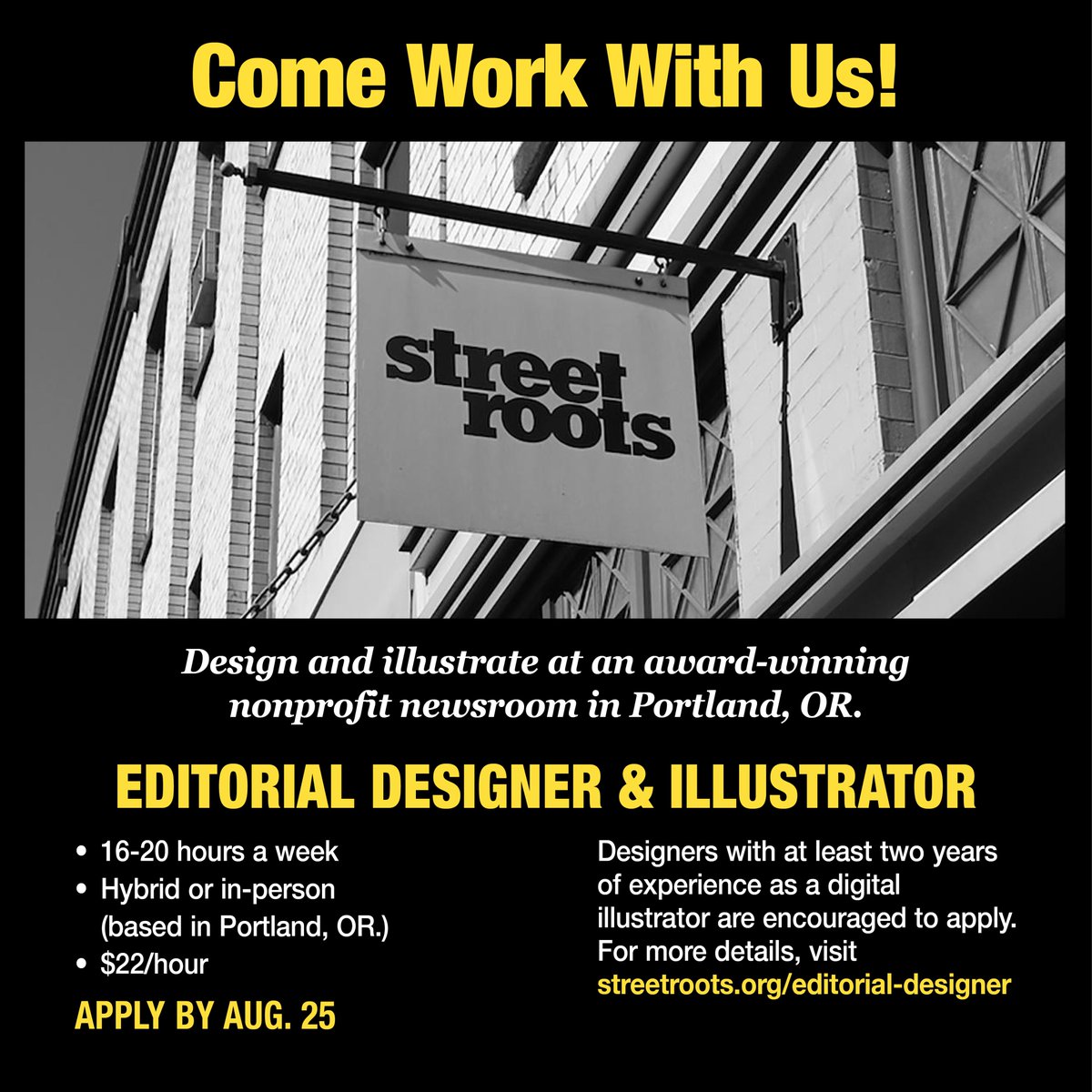 StreetRoots's tweet photo. Street Roots is hiring! Are you a designer and illustrator interested in working for an award-winning nonprofit newsroom? This could be the job for you! The position entails 16-20 hours per week at $22 an hour. You can find the full job description at https://t.co/GFq1pe9kAJ. https://t.co/3lVh0gvmFj