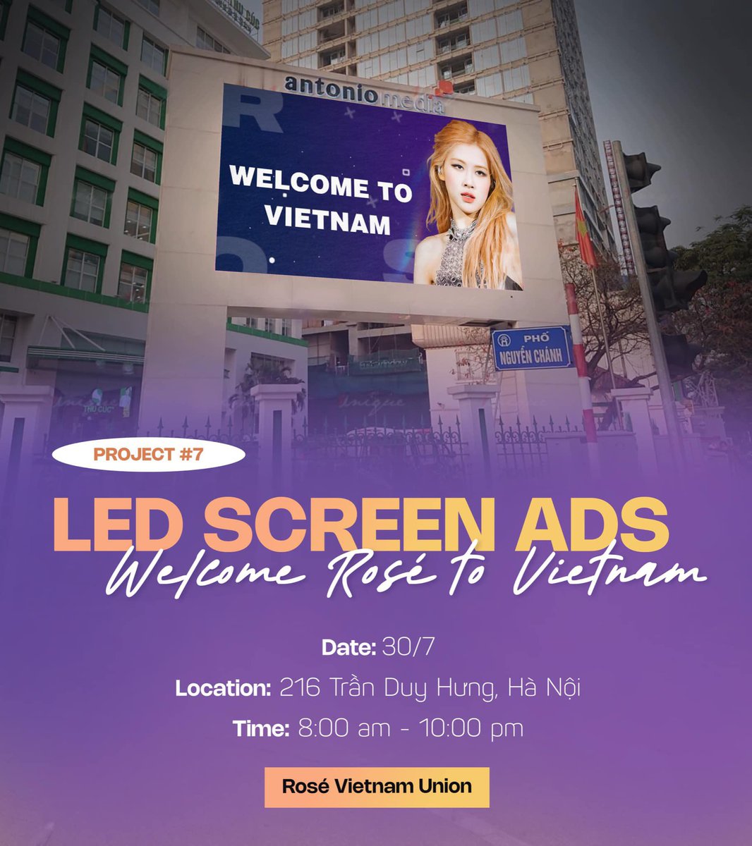 🇻🇳𝐖𝐄𝐋𝐂𝐎𝐌𝐄 𝐑𝐎𝐒𝐄́ 𝐓𝐎 𝐕𝐈𝐄𝐓𝐍𝐀𝐌🇻🇳

Project 7️⃣: ROSÉ LED SCREEN ADS

Location: 216 Trần Duy Hưng (Thu Cuc TCI Hospital) 
Date: 30/7 (9 am - 10 pm)
Size: 6mx4m

> Ready for Day 2 🙌🙌

#로제 #ROSÉ
