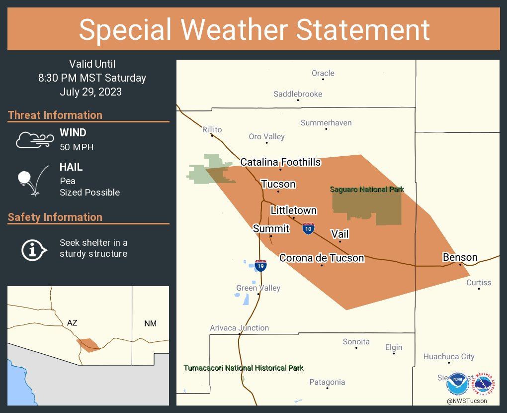 NWSTucson's tweet photo. ⚠️ Special Weather Statement in effect for Tucson until 8:30pm. There's a line of storms trying to creep up and over the higher terrain to our east. Expect wind gusts up to 50mph and pea sized hail. #azwx https://t.co/aq8SA7BNJ8