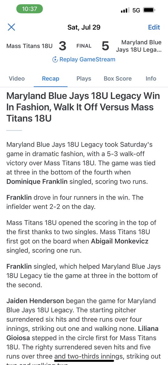 DomFranklin2024's tweet photo. Walk off double to send us the semi-finals! @usasoftballofva @BowieBlueJays @UncommittedUsa @D1Softball @FAMU_Softball @GSUSOFTBALL @MSPtakeover @DillardSoftball Let's go! https://t.co/kQQjSkkOKq
