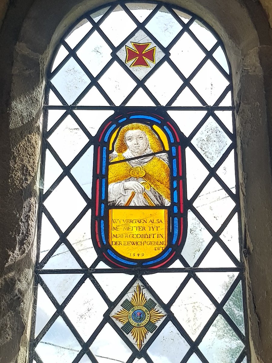 TheHistoryMouse's tweet photo. Dated 1549 and (at least partially) in Dutch. #StainedGlassSunday #SherringtonChurch #Sherrington #Wiltshire https://t.co/pct97Y0gSq