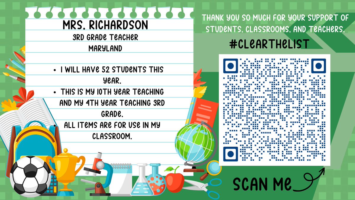 Hey y'all! I teach 3rd grade in Maryland. My list consists of many items that we would love to have to start the year off great! I'd love it if you could take a peek at my list!
⭐️amzn.to/358gXl7