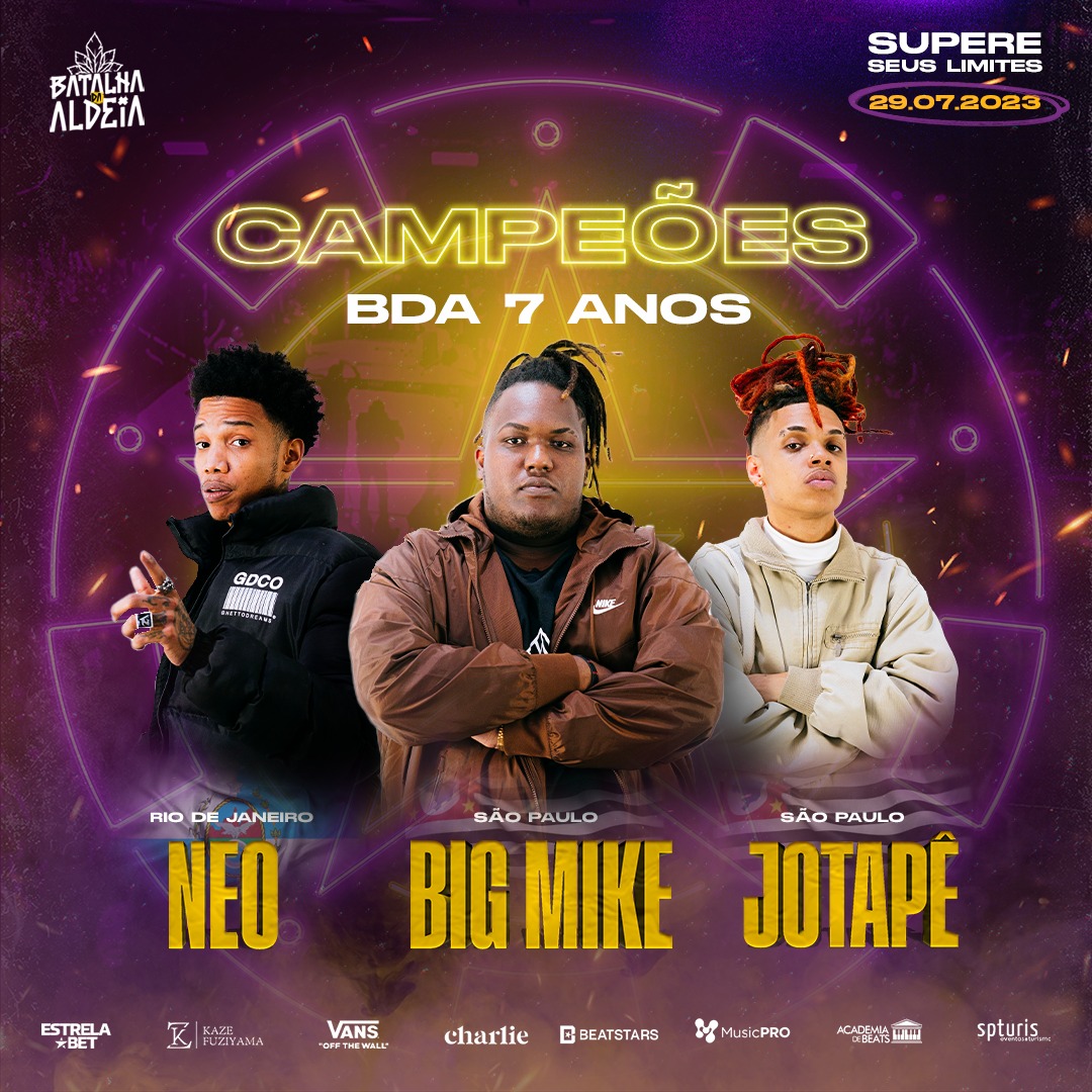 OS GRANDE CAMPEÕES DA #BDA7Anos! 

Em uma caminhada SENSACIONAL, <a href="/jotapemc_/">JOTAPÊ</a>, <a href="/bigmikemici/">é o goat, é o bode</a> e <a href="/neobxd/">NEO 🥇</a> venceram por 3 a 0 a grande decisão! 

Agora, os 3 se juntam ao grupo de ELITE com 2️⃣ títulos de edições de aniversário!

#BatalhaDaAldeia #BDA7Anos #SupereSeusLimites