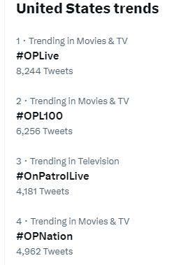 OfficialOPLive's tweet photo. Well, this didn't last long, but it was something...

#OPL100 #OPLive #OPNation #OnPAtrolLive #REELZ https://t.co/dmWeOZrdyv