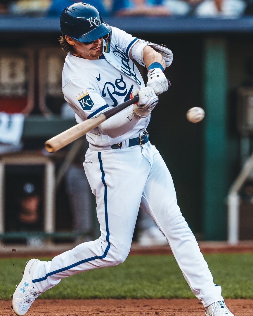 Royals's tweet photo. Bobby Witt Jr. is the eighth Royal to record back-to-back 4-hit games and the first since Nori Aoki achieved the feat from September 15-16, 2014. 

He is the first Royal with 9 RBI in a 2-game span since Mike Moustakas from September 11-12, 2015. https://t.co/AcqFXgryw9
