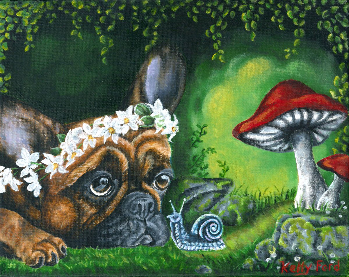 French Bulldog with snail. Canvas prints available at KellysArtWorkDesigns.etsy.com