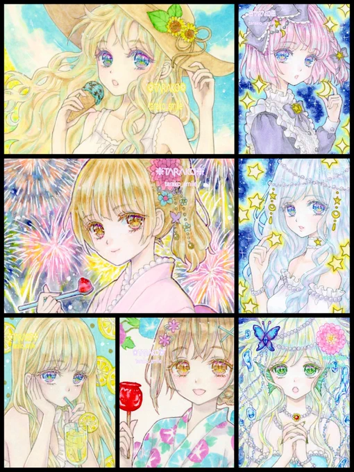 #今月描いた絵を晒そう 今月は7枚でした! 夏らしいイラストたくさん描けました🌻🎆