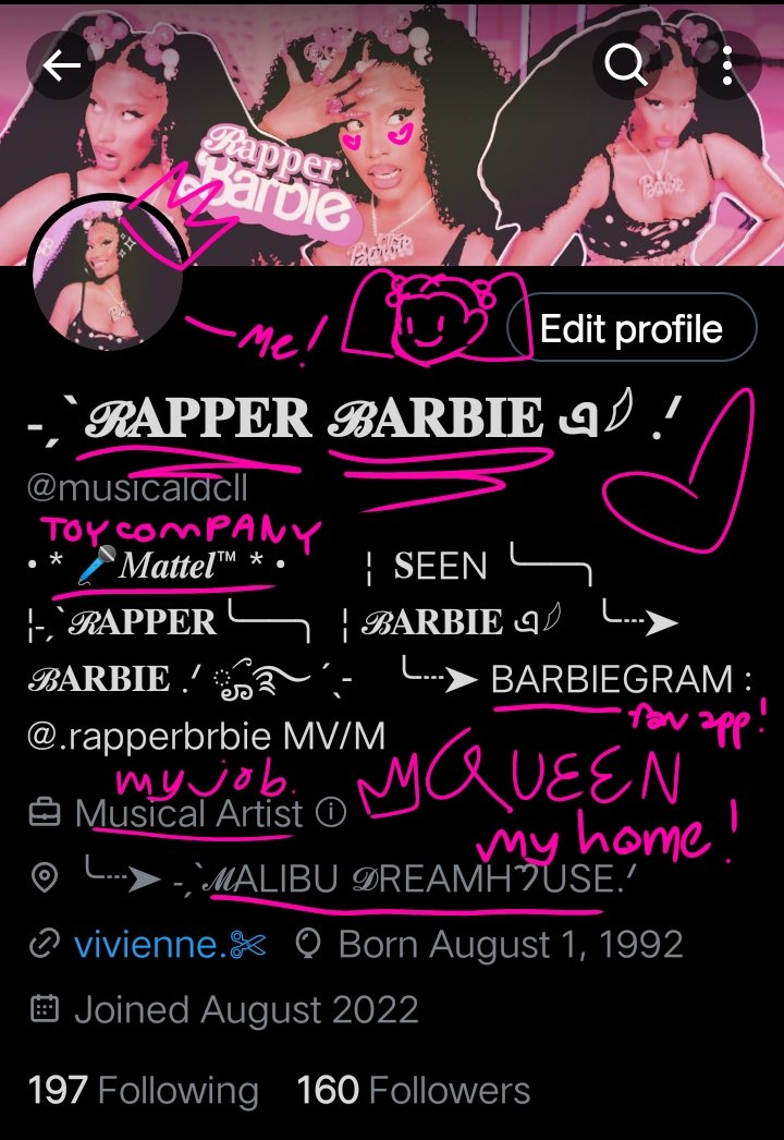 ♡ for rapper barbie to draw/scribble on your muse's profile .

↻ to spread the word❗