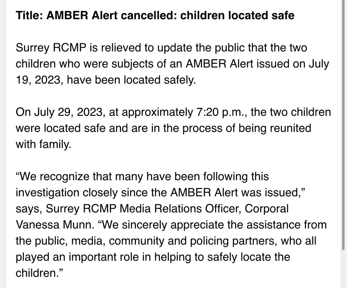 The Amber Alert is over! Joshuah and Aurora Bolton have been found safe. Thank god. #SurreyBC