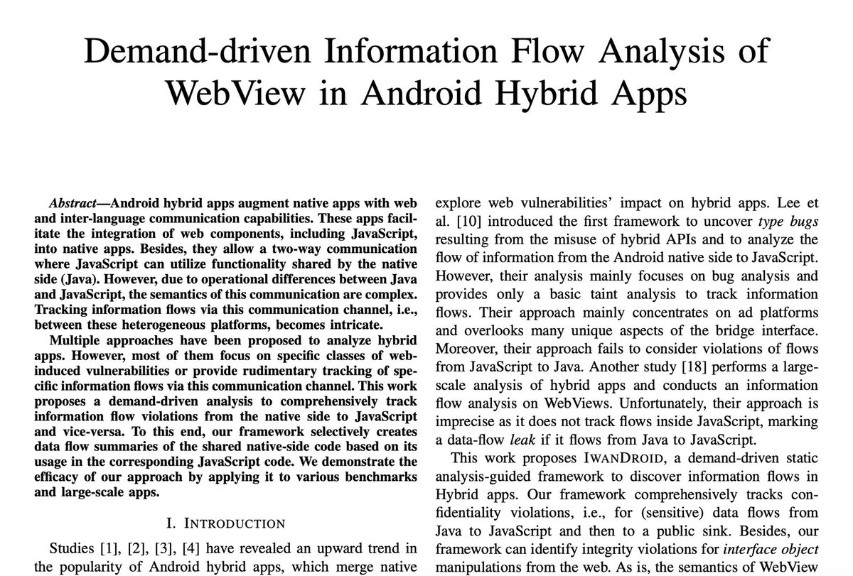 mig40000's tweet photo. Exciting news! Our paper entitled "Demand-driven Information Flow Analysis of WebView in Android Hybrid Apps" has been accepted at the @ISSREConf 2023. This is a collaborative effort with Jyoti Prakash and Christian Hammer. Preprint, tool, and the dataset coming soon! https://t.co/I35ghLBvG2