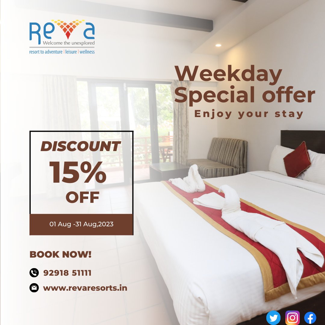 Reva Resorts Extends Special Weekday Offer📷📷Call 9291851111 for booking assistance.
#revaresorts #revaresortsTiruttani #specialoffer #sploffer #offers#weekdaysplrates #booking #bestdeal #besthotel #bestrooms #bestresorts