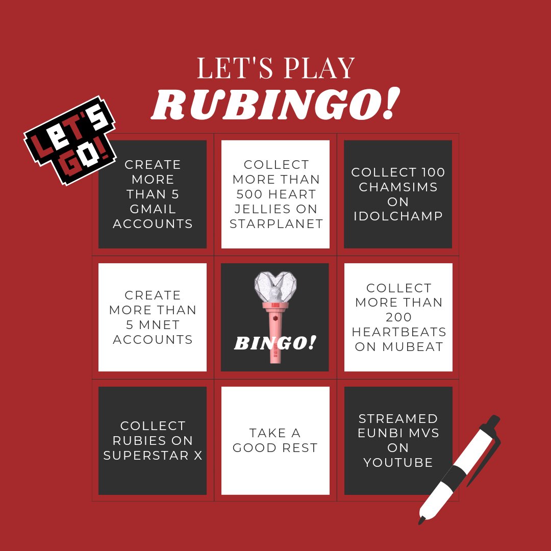 kebvotingteam's tweet photo. 📢 ATTENTION RUBIS!

                          Let's play RUBINGO!

3 days before the comeback and we have alot of things to prepare to get Eunbi her 1st win! So we have prepare a game called RUBINGO.

📝 Tag your friends and reply #RUBINGO below after completing the challenge!🫶 https://t.co/61CIsZauS8