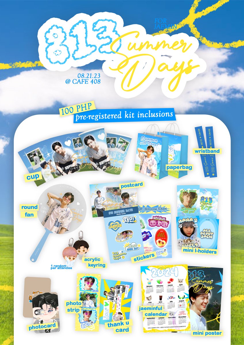 813summerdays's tweet photo. 𝘩𝘢𝘱𝘱𝘪𝘯𝘦𝘴𝘴 𝘰𝘷𝘦𝘳𝘭𝘰𝘢𝘥 𝘧𝘰𝘳 𝘰𝘶𝘳 𝘤𝘢𝘧𝘦 𝘢𝘵𝘵𝘦𝘯𝘥𝘦𝘦𝘴! ✨

get the following freebies 
 when you visit us on d-day! 😍

* pre-registered = 80 slots 
     (complete kit inclusion) 

 🩵 𝑺𝑬𝑬 𝒀𝑶𝑼! 💛

#813_SummerDays_withJaemin 
#재민이와_함께한_여름날 https://t.co/AQRVTxnGvt