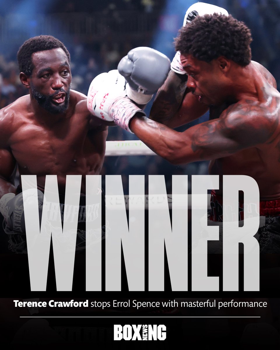 BoxingNewsED's tweet photo. 𝗦𝗽𝗲𝗰𝘁𝗮𝗰𝘂𝗹𝗮𝗿 𝗖𝗿𝗮𝘄𝗳𝗼𝗿𝗱 𝘀𝘁𝗼𝗽𝘀 𝗦𝗽𝗲𝗻𝗰𝗲 👑 

Sensational performance from @terencecrawford, who knocks down Errol Spence Jr three times en route to a ninth round TKO win. 

#SpenceCrawford https://t.co/qluubRAXPI