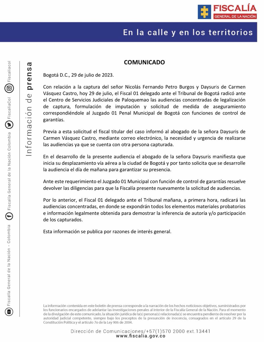 FiscaliaCol's tweet photo. #ATENCIÓN | Comunicado oficial de la #Fiscalía General de la Nación. https://t.co/vAsvRGaxCm