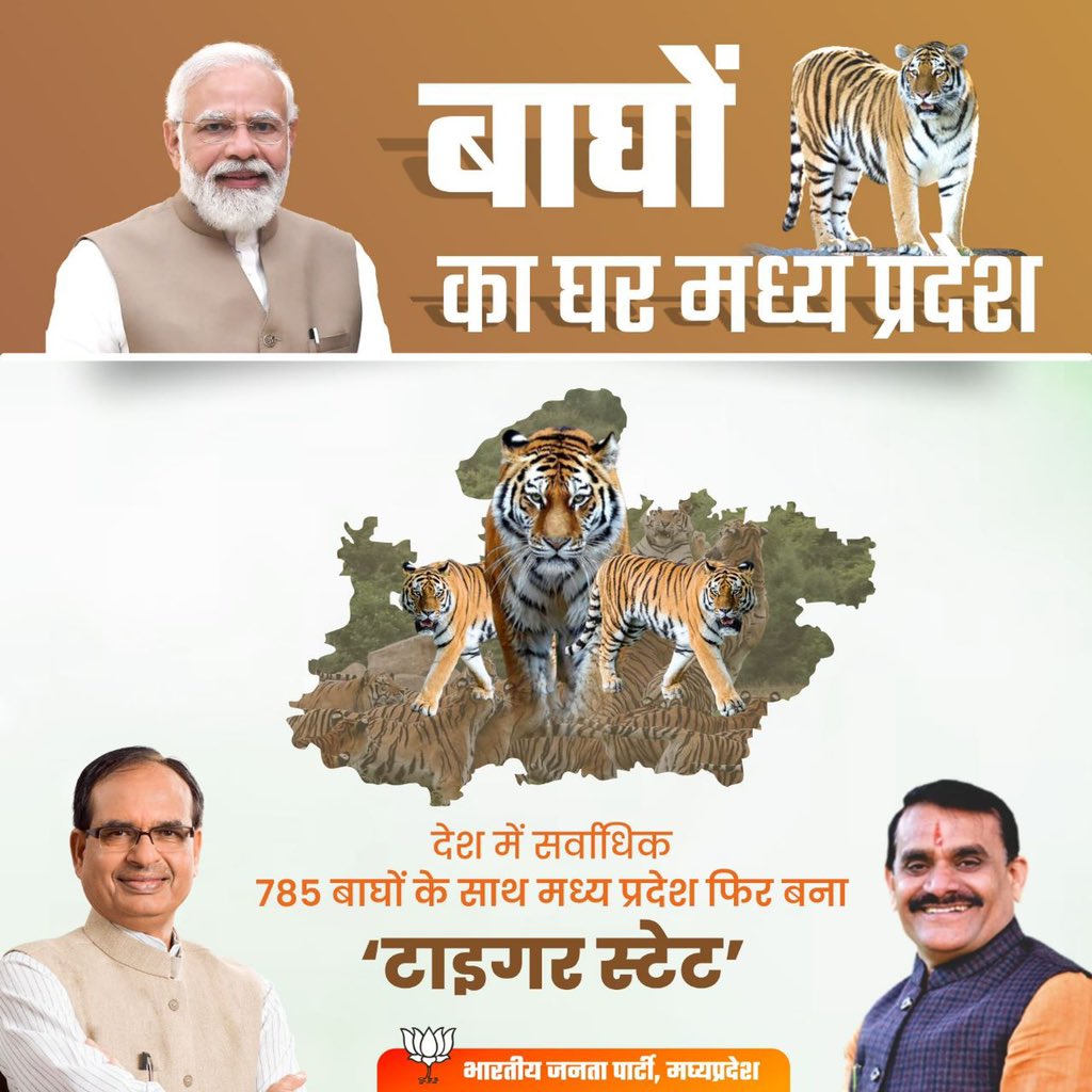 TirthwaniSanjay's tweet photo. बाघों का घर मध्य प्रदेश!
देश में सर्वाधिक 785 बाघों के साथ मध्य प्रदेश फिर बना 'टाइगर स्टेट'।
#TigersInMP https://t.co/sVswCWrp4K